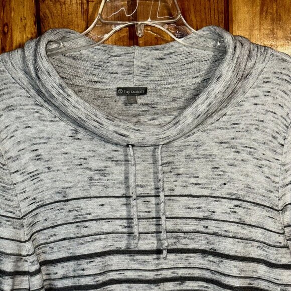 T by Talbots Women's Soft Top Tunic Gray Striped Knit Drawstring Cowl Neck Sz M - Picture 3 of 6